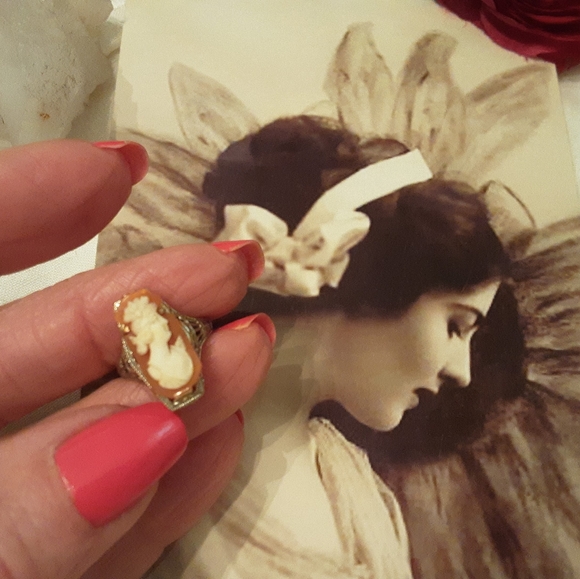 ANTIQUE 14K SOLID GOLD, FILLGREE CAMEO RING, SIZE 3 1/4 - Picture 6 of 16